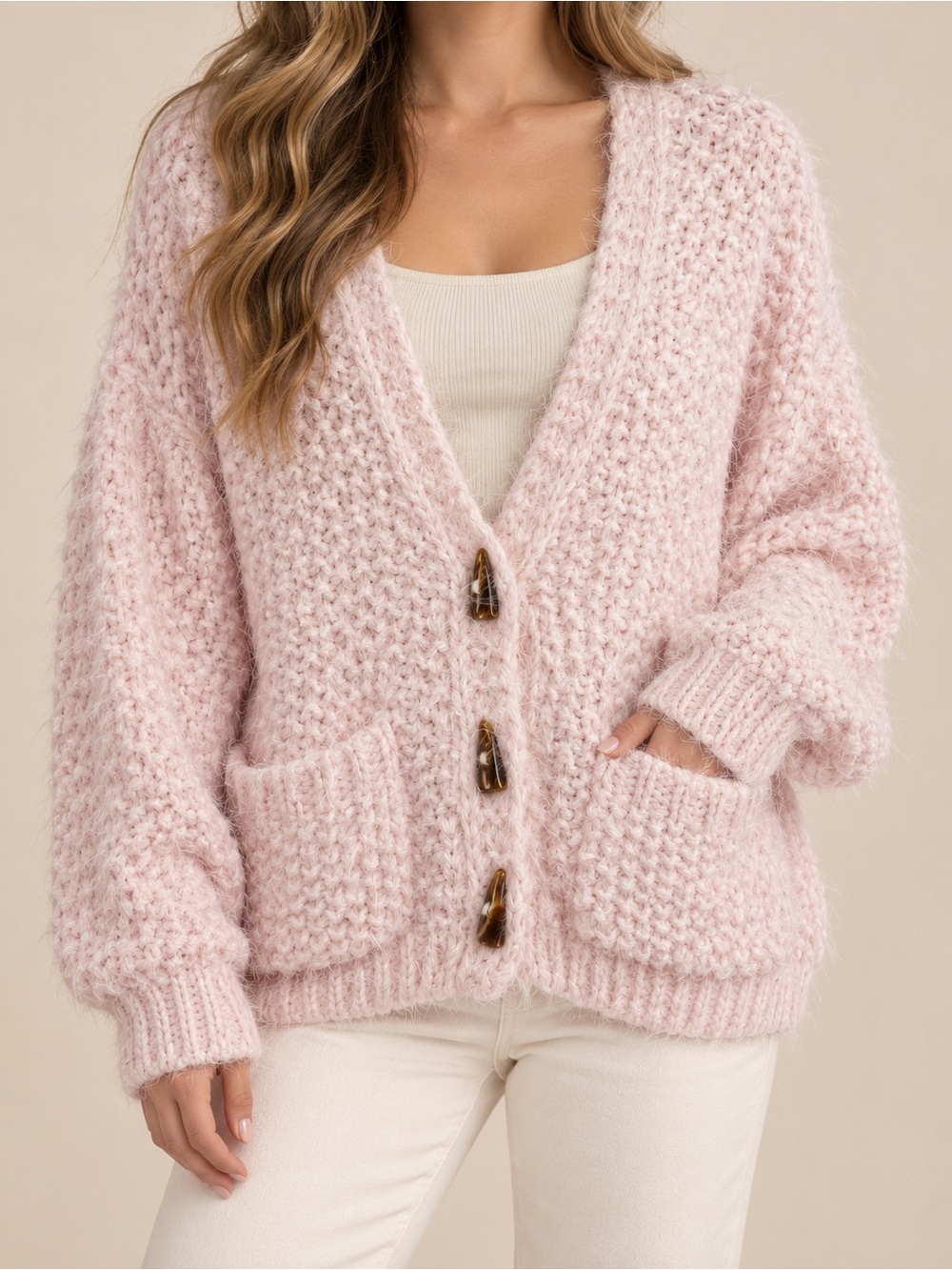 NWT Altar’d State Baby Pink Fuzzy Chunky Knit Toggle Cardigan M Oversized